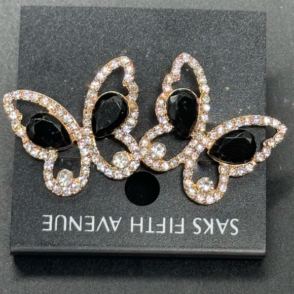 Saks Fifth Ave Gold Tone Butterfly with Black Crystal Post Earrings - Picture 2 of 4